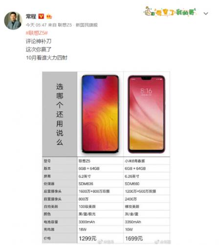 联想常程微博怼小米8青春版 有意泄露新机联想Z5 Pro搭载四摄摄像头？