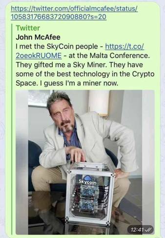 马耳他 McAfee“踢馆”，Skycoin“论剑”