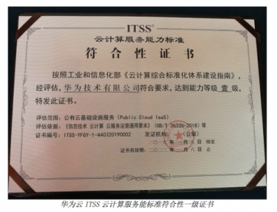 华为云基础设施服务获“ITSS云计算服务能力一级”认证