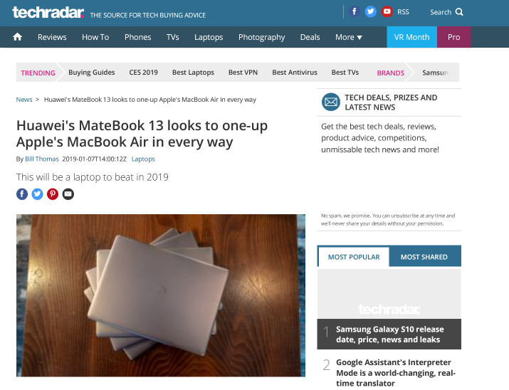 华为MateBook 13笔记本闪耀CES 口碑炸裂外媒疯狂打CALL