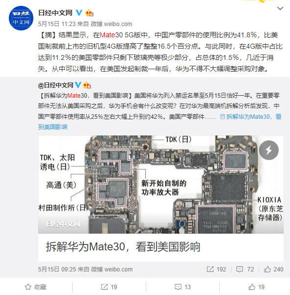 中国每卖两台5G手机就有一台华为！华为5G手机美国零件仅剩1%