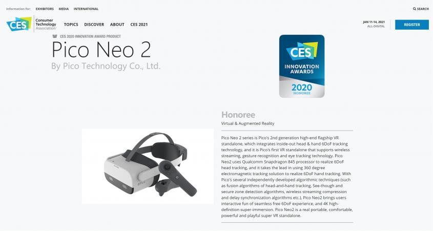 Pico Neo 2 Eye 助力VROR Eye Dr.斩获CES2021最佳创新奖