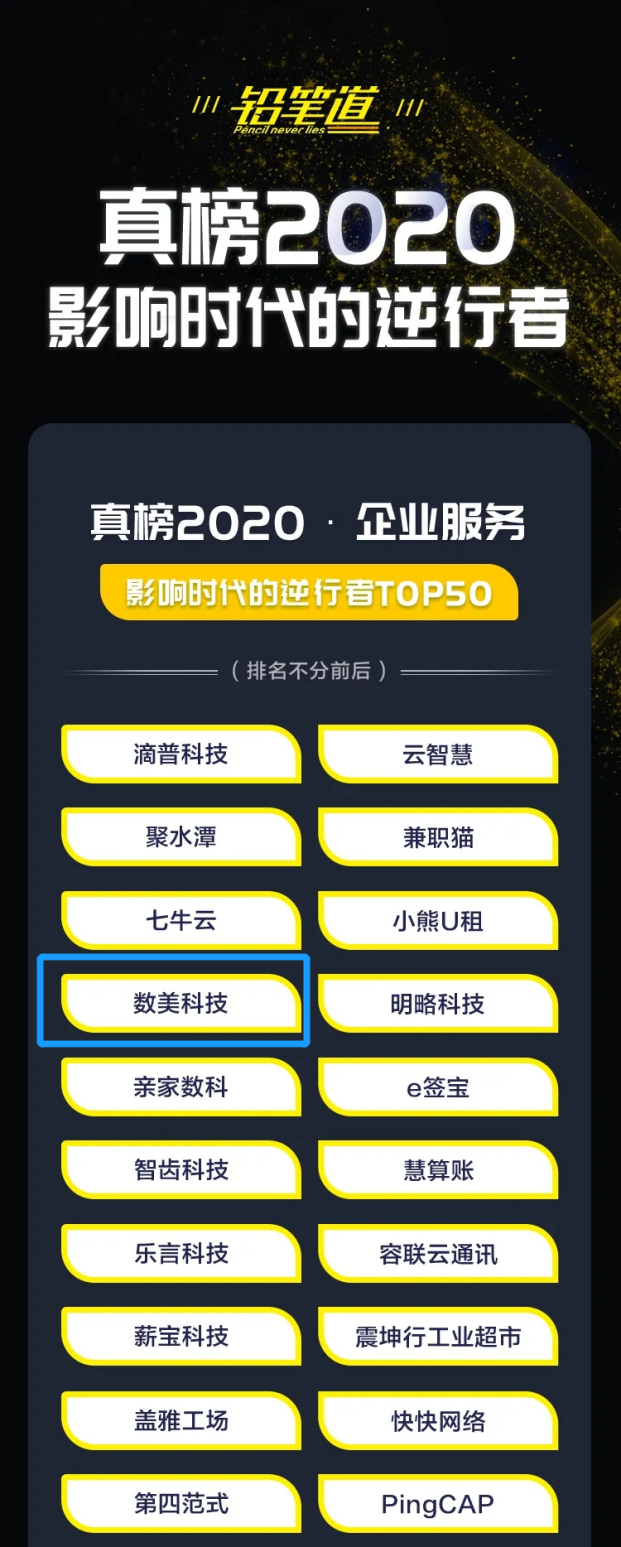 数美科技荣登铅笔道真榜2020·企业服务·影响时代的逆行者TOP50