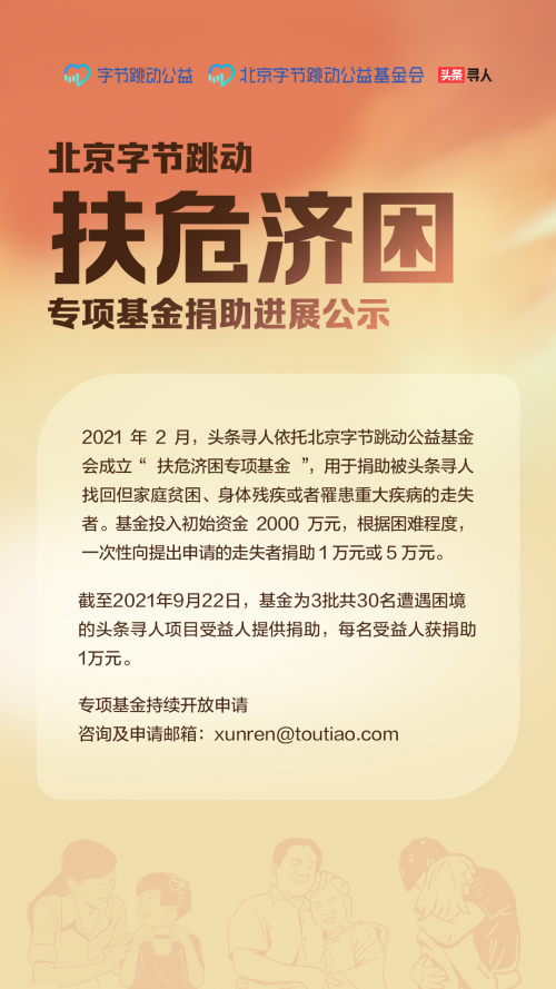 头条寻人专项基金已捐助30名困难走失者