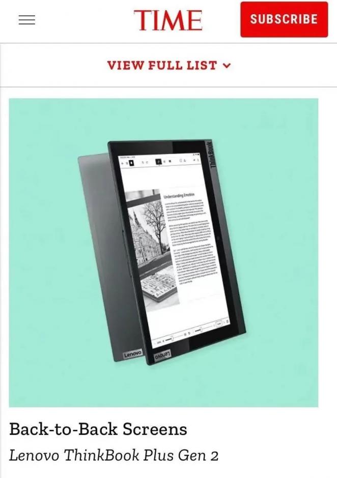 创新墨水屏设计，ThinkBook Plus 2荣获“2021年的100项最佳发明”