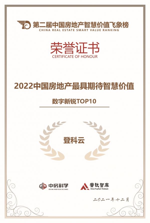 登科云获评中国房地产最具期待智慧价值数字新锐服务商