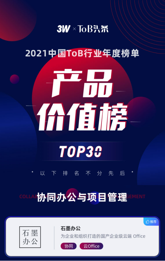 石墨办公入选「2021ToB 行业年度榜单 · 产品价值榜」