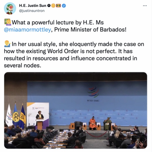 格林纳达常驻WTO大使孙宇晨受邀出席世贸组织首脑系列讲座