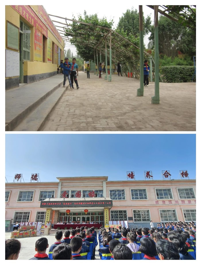 伽师县江巴孜乡第一小学的办学条件越来越好，小平房变成了教学楼.jpg