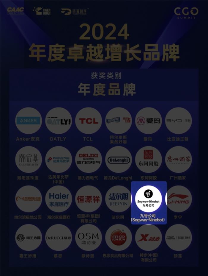 科技驱动增长，九号公司斩获年度卓越增长品牌奖