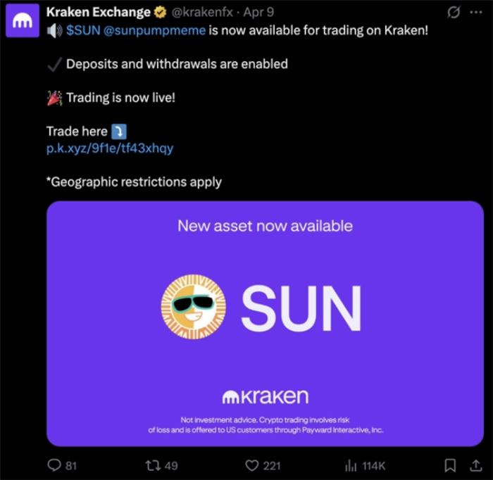 波场TRON 5个代币同步上线Kraken，生态多样性与合规共振