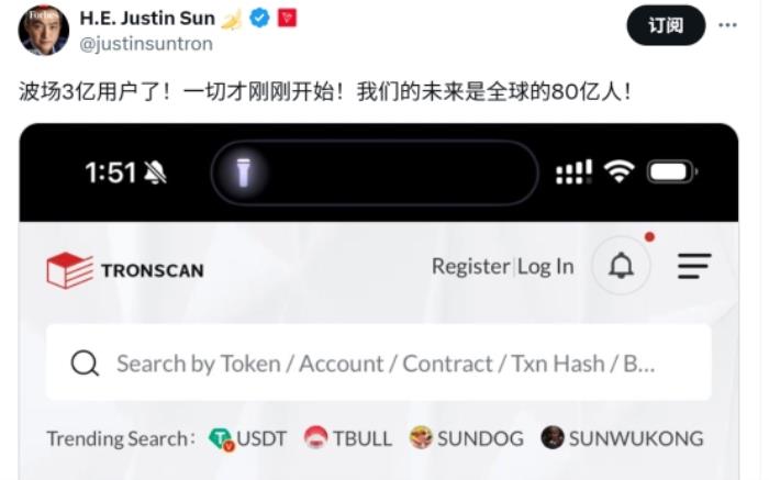 波场TRON再创纪录 3亿全球账户见证生态繁荣